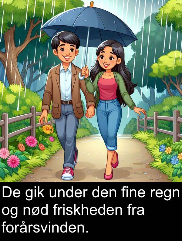 under: De gik under den fine regn og nød friskheden fra forårsvinden.