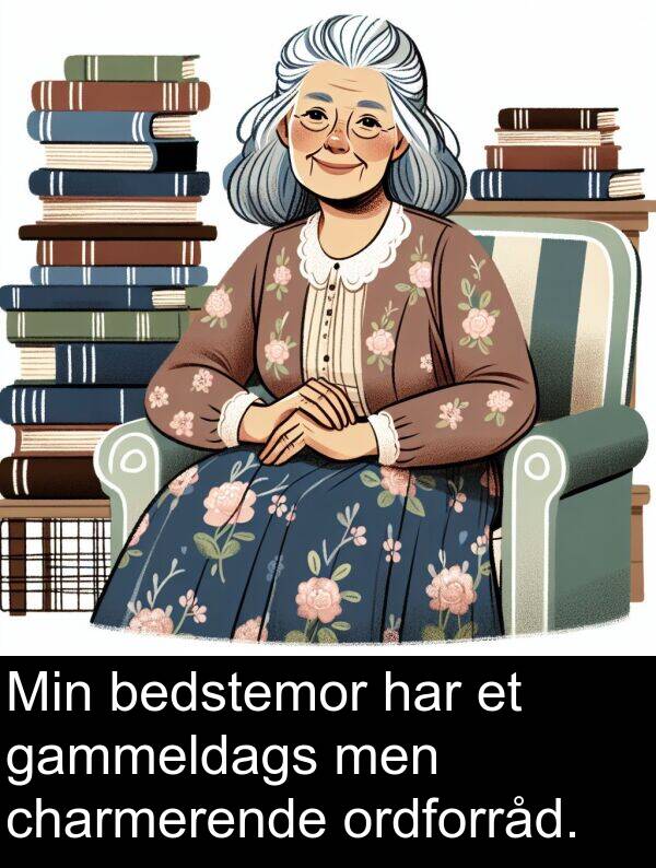 gammeldags: Min bedstemor har et gammeldags men charmerende ordforråd.