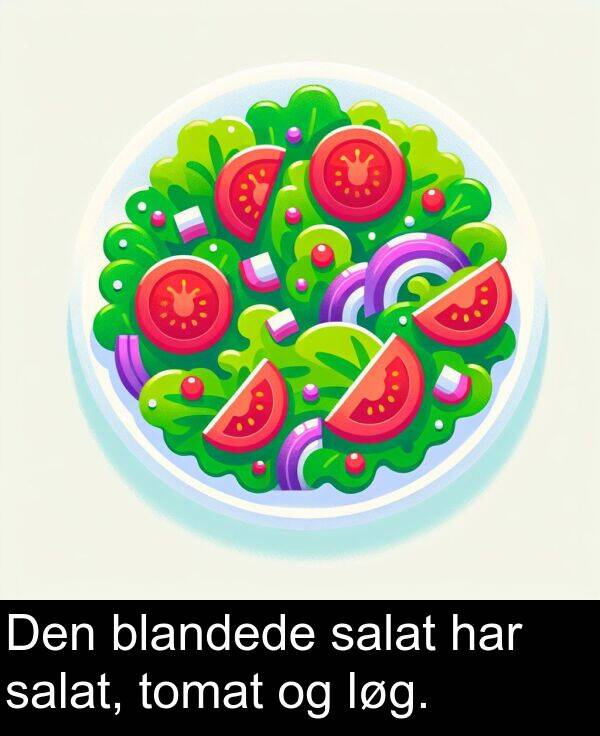 har: Den blandede salat har salat, tomat og løg.