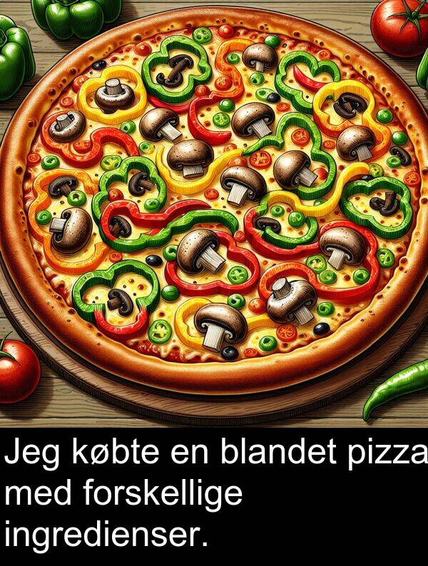 forskellige: Jeg købte en blandet pizza med forskellige ingredienser.