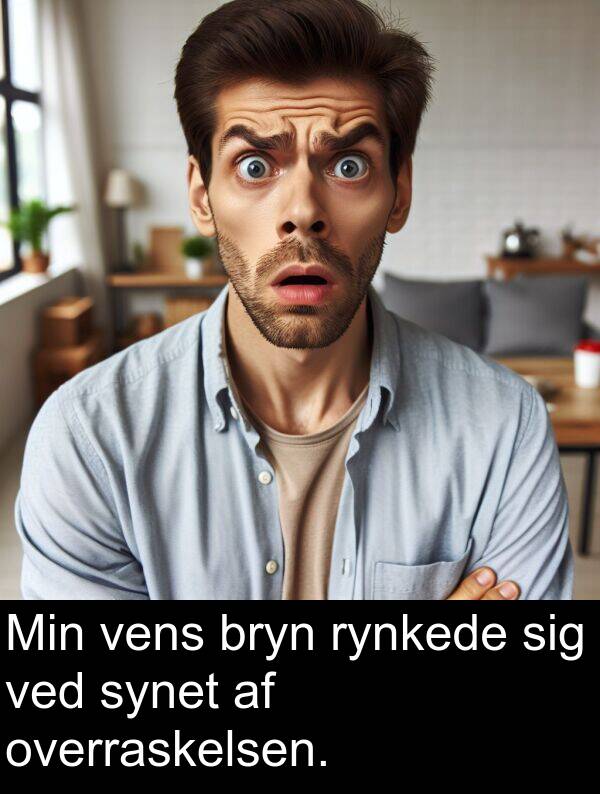 overraskelsen: Min vens bryn rynkede sig ved synet af overraskelsen.