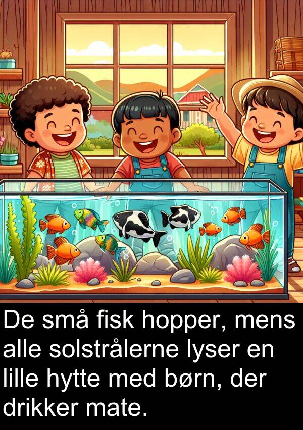 mate: De små fisk hopper, mens alle solstrålerne lyser en lille hytte med børn, der drikker mate.