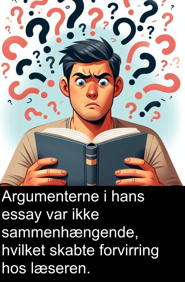 hos: Argumenterne i hans essay var ikke sammenhængende, hvilket skabte forvirring hos læseren.