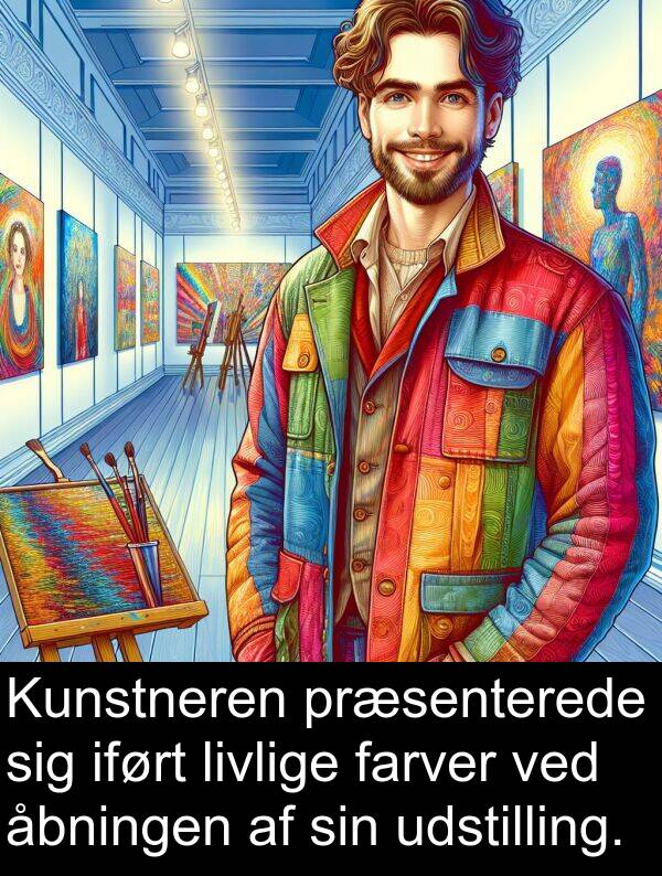 åbningen: Kunstneren præsenterede sig iført livlige farver ved åbningen af sin udstilling.