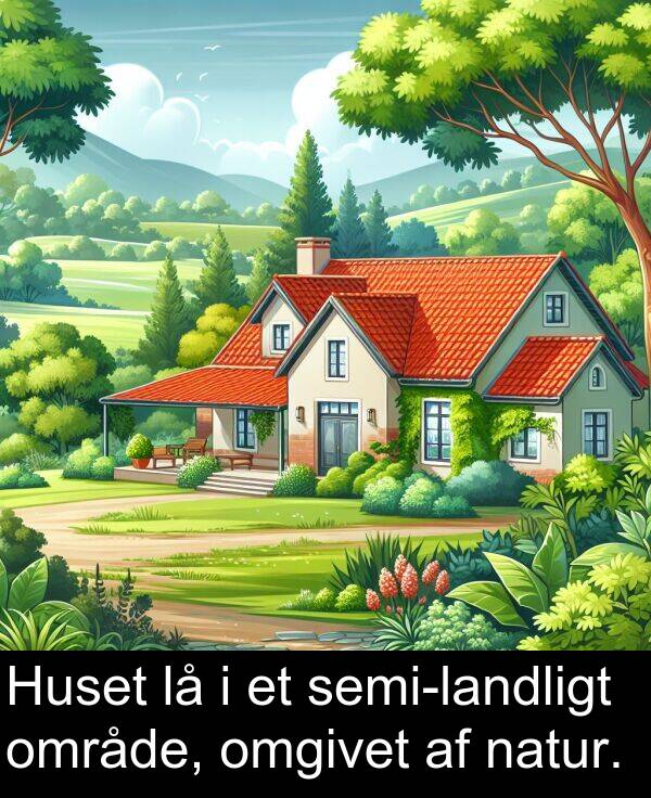 omgivet: Huset lå i et semi-landligt område, omgivet af natur.