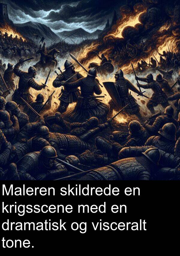 krigsscene: Maleren skildrede en krigsscene med en dramatisk og visceralt tone.