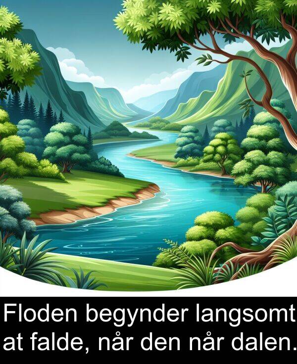 falde: Floden begynder langsomt at falde, når den når dalen.