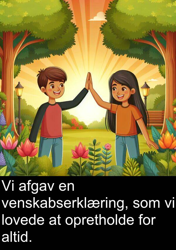 venskabserklæring: Vi afgav en venskabserklæring, som vi lovede at opretholde for altid.