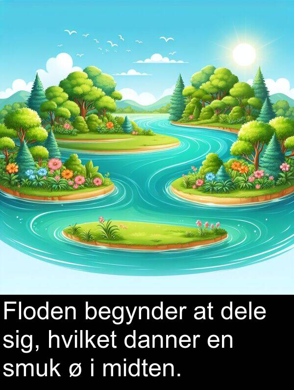 midten: Floden begynder at dele sig, hvilket danner en smuk ø i midten.