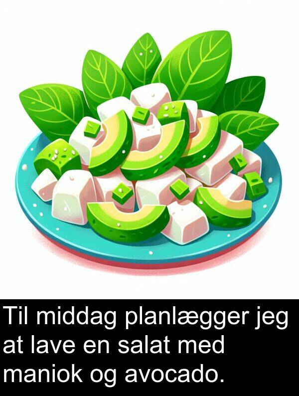middag: Til middag planlægger jeg at lave en salat med maniok og avocado.
