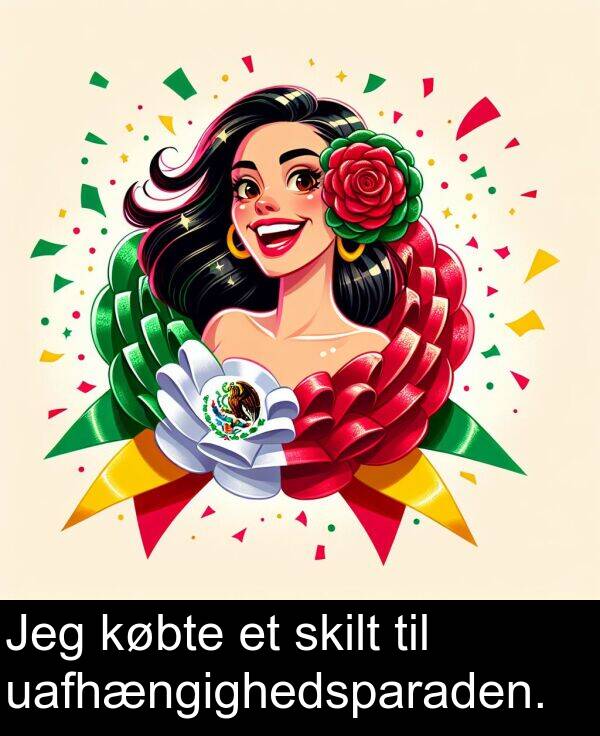 købte: Jeg købte et skilt til uafhængighedsparaden.