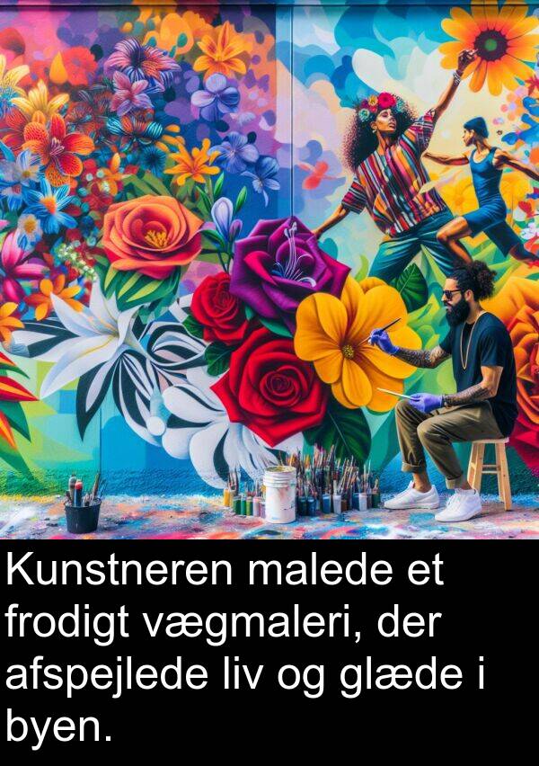 vægmaleri: Kunstneren malede et frodigt vægmaleri, der afspejlede liv og glæde i byen.