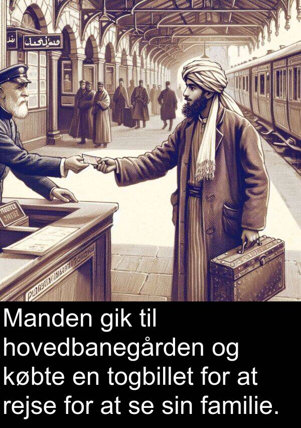 hovedbanegården: Manden gik til hovedbanegården og købte en togbillet for at rejse for at se sin familie.