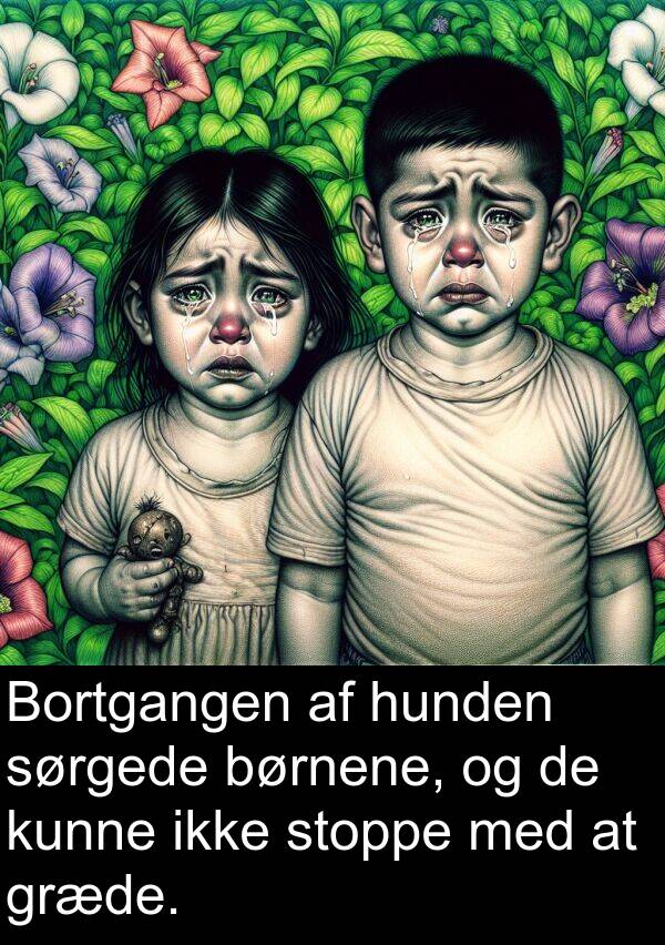 græde: Bortgangen af hunden sørgede børnene, og de kunne ikke stoppe med at græde.