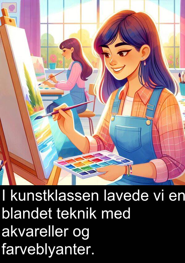 kunstklassen: I kunstklassen lavede vi en blandet teknik med akvareller og farveblyanter.