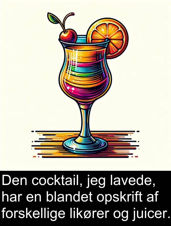 juicer: Den cocktail, jeg lavede, har en blandet opskrift af forskellige likører og juicer.