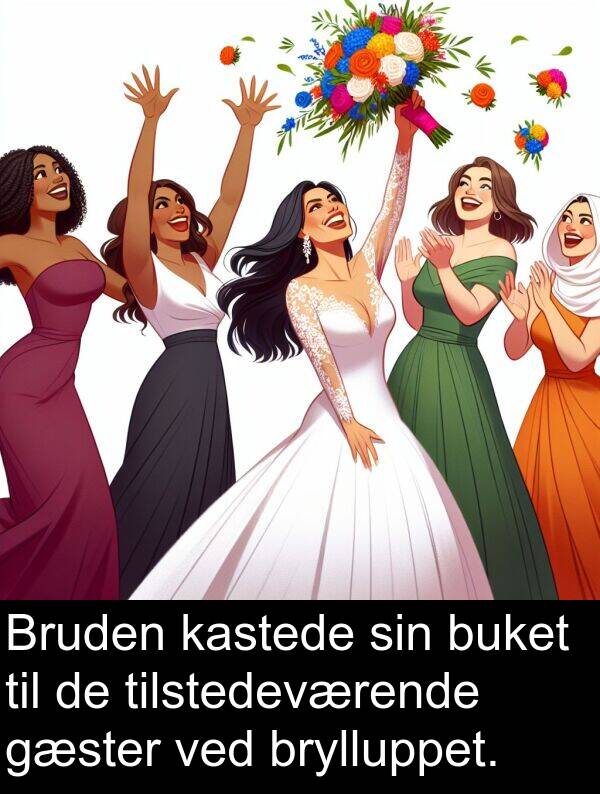 kastede: Bruden kastede sin buket til de tilstedeværende gæster ved brylluppet.