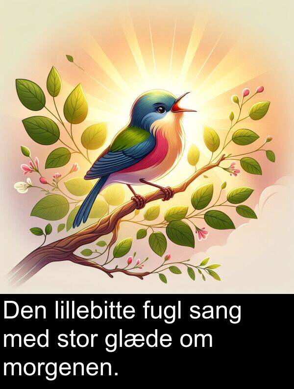 morgenen: Den lillebitte fugl sang med stor glæde om morgenen.