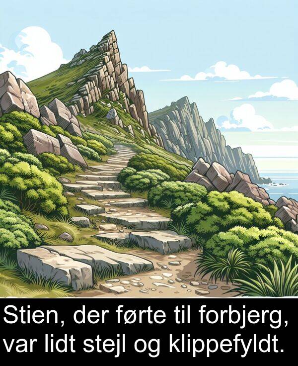 forbjerg: Stien, der førte til forbjerg, var lidt stejl og klippefyldt.