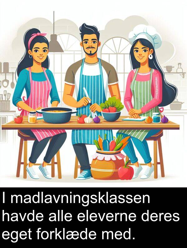 madlavningsklassen: I madlavningsklassen havde alle eleverne deres eget forklæde med.