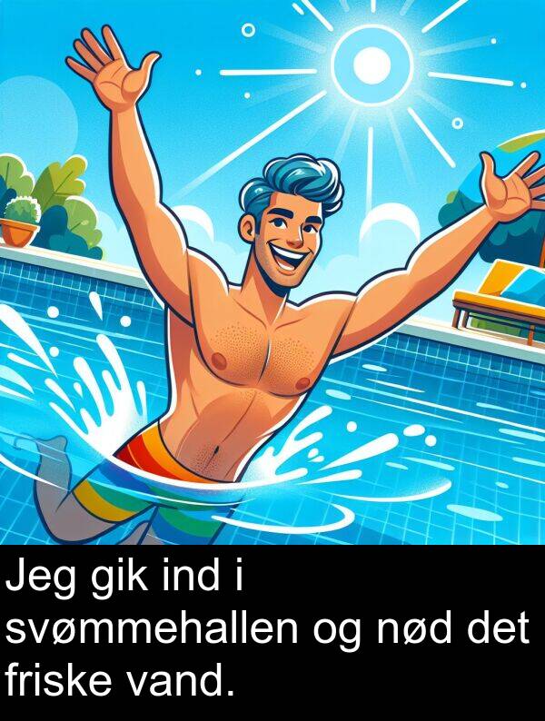 ind: Jeg gik ind i svømmehallen og nød det friske vand.