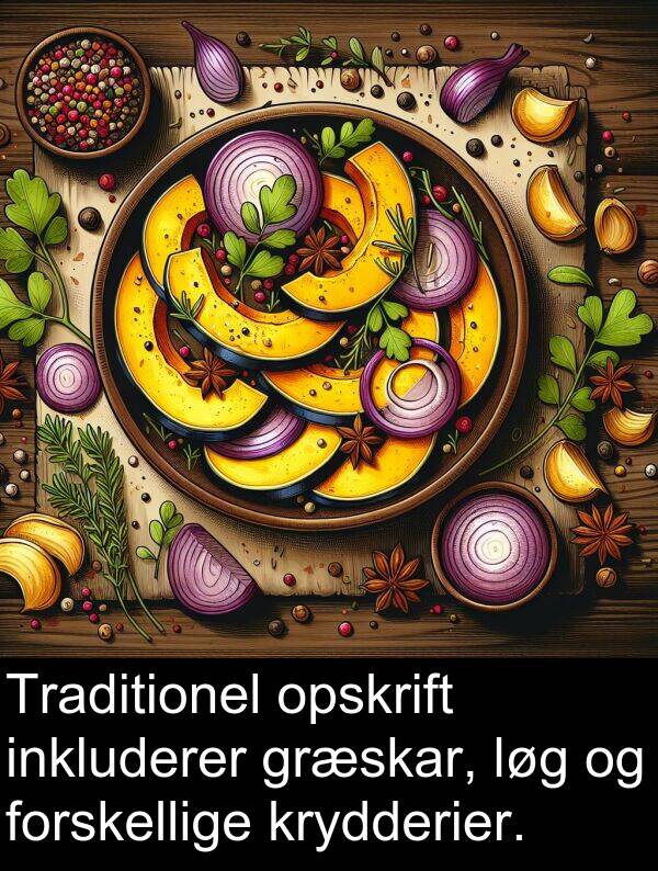 krydderier: Traditionel opskrift inkluderer græskar, løg og forskellige krydderier.