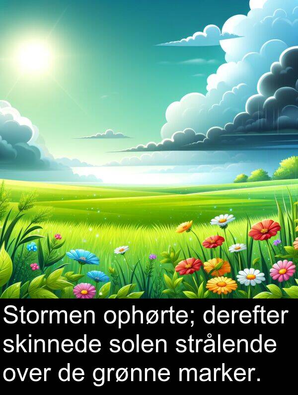 marker: Stormen ophørte; derefter skinnede solen strålende over de grønne marker.