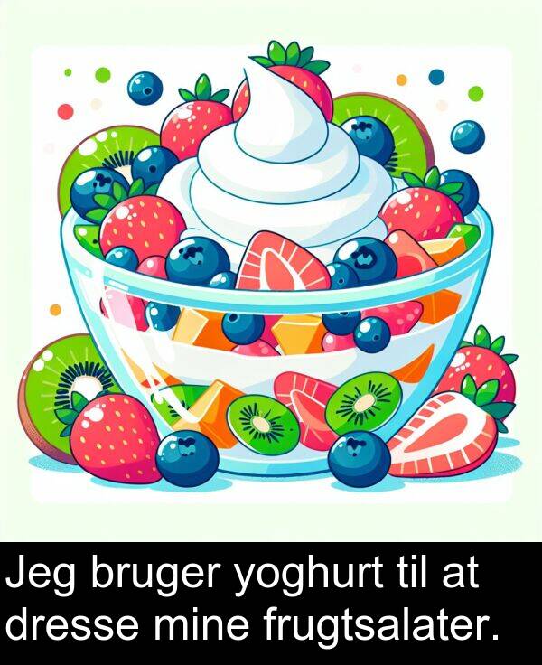 yoghurt: Jeg bruger yoghurt til at dresse mine frugtsalater.