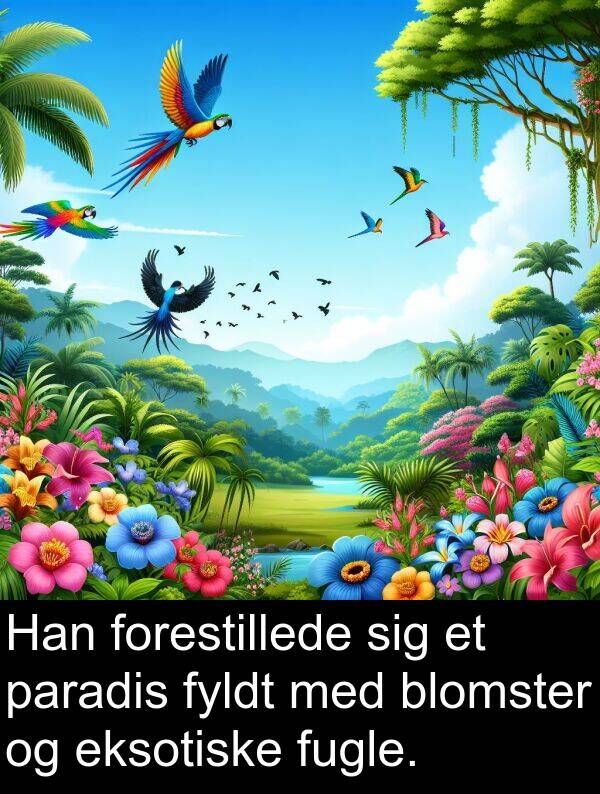 forestillede: Han forestillede sig et paradis fyldt med blomster og eksotiske fugle.