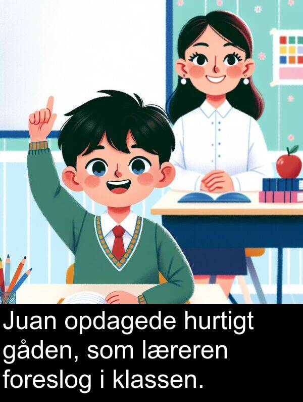 gåden: Juan opdagede hurtigt gåden, som læreren foreslog i klassen.