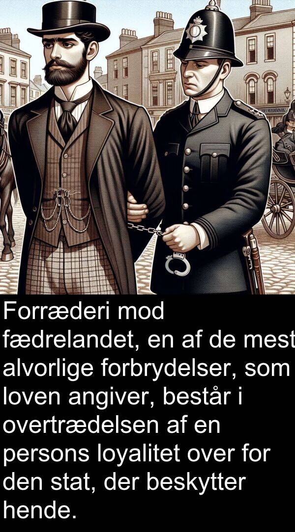 forbrydelser: Forræderi mod fædrelandet, en af de mest alvorlige forbrydelser, som loven angiver, består i overtrædelsen af en persons loyalitet over for den stat, der beskytter hende.