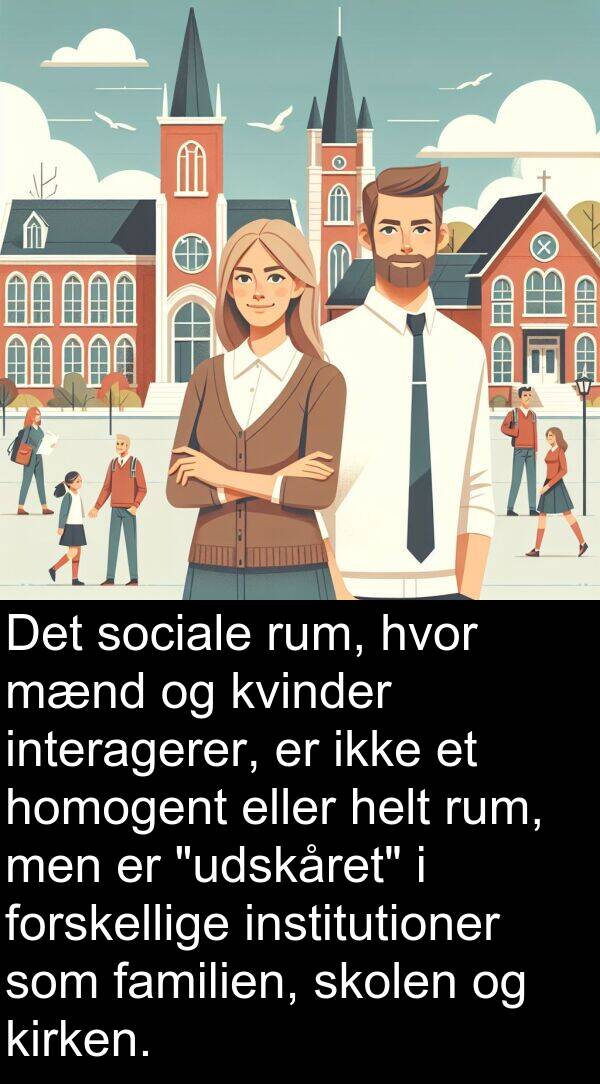 kirken: Det sociale rum, hvor mænd og kvinder interagerer, er ikke et homogent eller helt rum, men er "udskåret" i forskellige institutioner som familien, skolen og kirken.