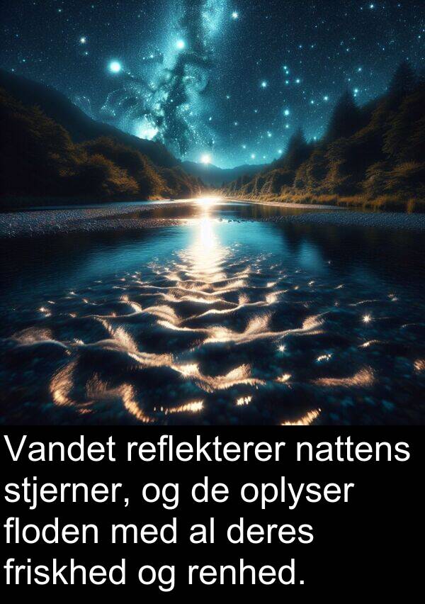 floden: Vandet reflekterer nattens stjerner, og de oplyser floden med al deres friskhed og renhed.