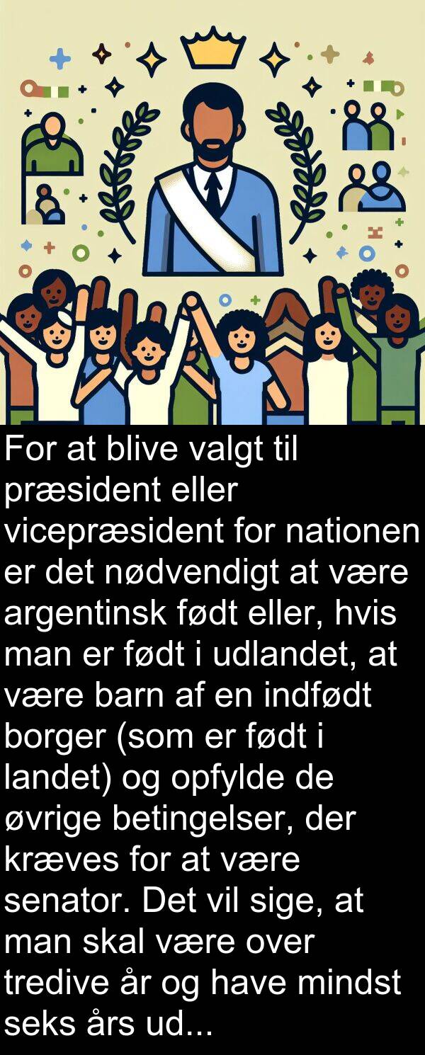 borger: For at blive valgt til præsident eller vicepræsident for nationen er det nødvendigt at være argentinsk født eller, hvis man er født i udlandet, at være barn af en indfødt borger (som er født i landet) og opfylde de øvrige betingelser, der kræves for at være senator. Det vil sige, at man skal være over tredive år og have mindst seks års udøvelse af statsborgerskab.