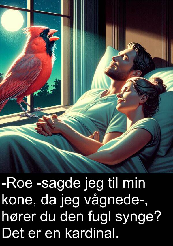 kone: -Roe -sagde jeg til min kone, da jeg vågnede-, hører du den fugl synge? Det er en kardinal.