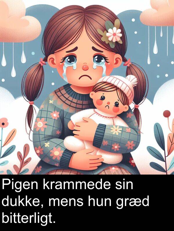 krammede: Pigen krammede sin dukke, mens hun græd bitterligt.