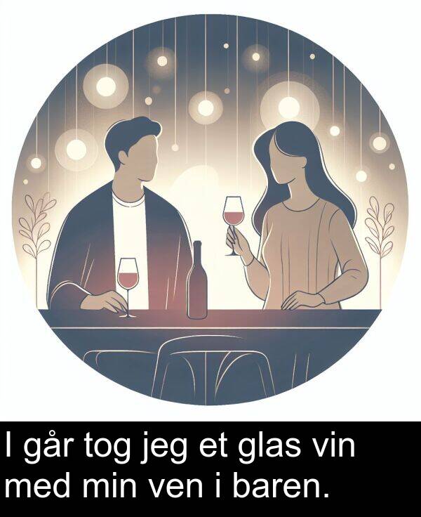 min: I går tog jeg et glas vin med min ven i baren.