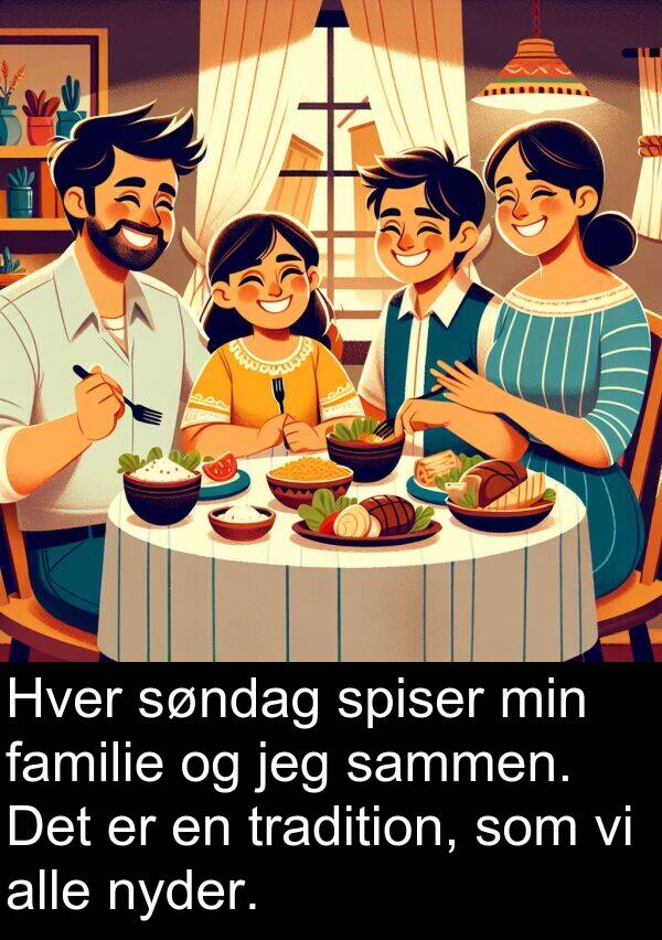 familie: Hver søndag spiser min familie og jeg sammen. Det er en tradition, som vi alle nyder.