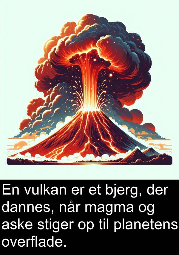 stiger: En vulkan er et bjerg, der dannes, når magma og aske stiger op til planetens overflade.