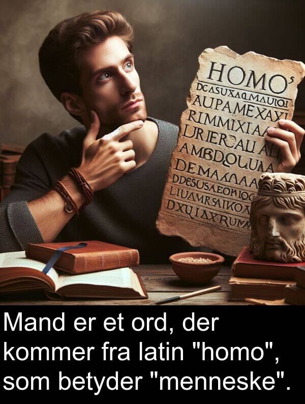 latin: Mand er et ord, der kommer fra latin "homo", som betyder "menneske".
