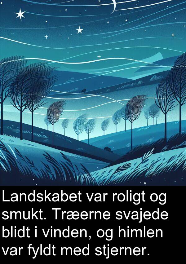 vinden: Landskabet var roligt og smukt. Træerne svajede blidt i vinden, og himlen var fyldt med stjerner.