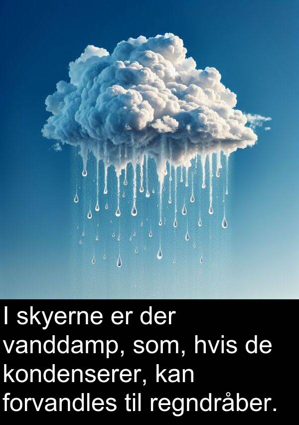 kondenserer: I skyerne er der vanddamp, som, hvis de kondenserer, kan forvandles til regndråber.