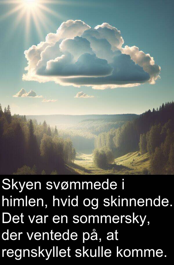 ventede: Skyen svømmede i himlen, hvid og skinnende. Det var en sommersky, der ventede på, at regnskyllet skulle komme.