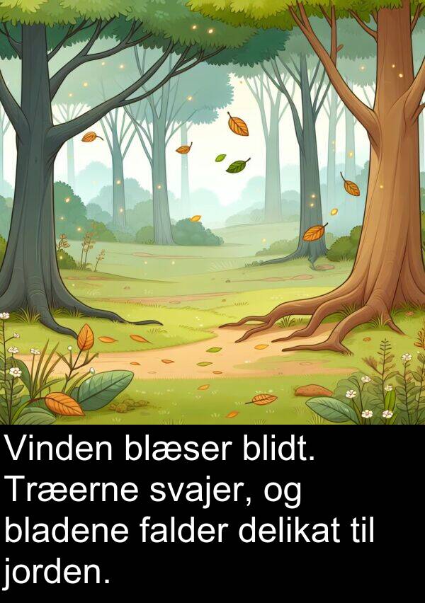 jorden: Vinden blæser blidt. Træerne svajer, og bladene falder delikat til jorden.