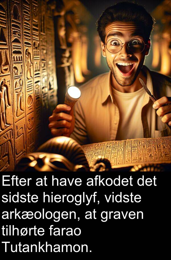 vidste: Efter at have afkodet det sidste hieroglyf, vidste arkæologen, at graven tilhørte farao Tutankhamon.