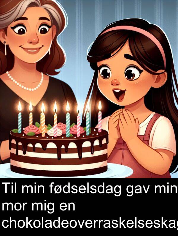 mor: Til min fødselsdag gav min mor mig en chokoladeoverraskelseskage.