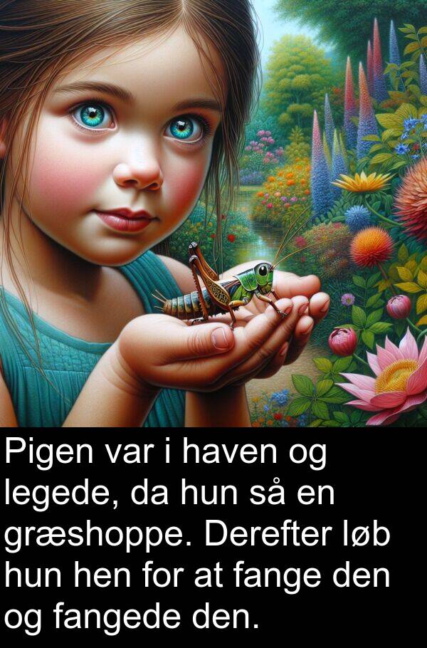 hen: Pigen var i haven og legede, da hun så en græshoppe. Derefter løb hun hen for at fange den og fangede den.