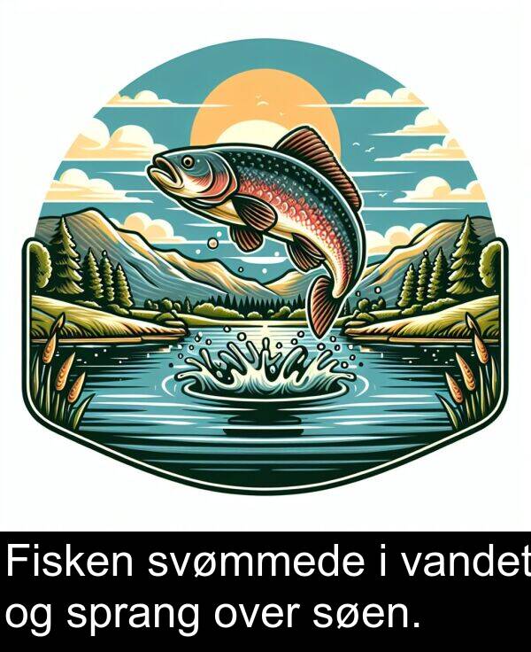 vandet: Fisken svømmede i vandet og sprang over søen.