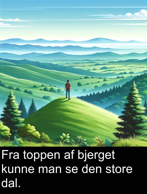 kunne: Fra toppen af bjerget kunne man se den store dal.