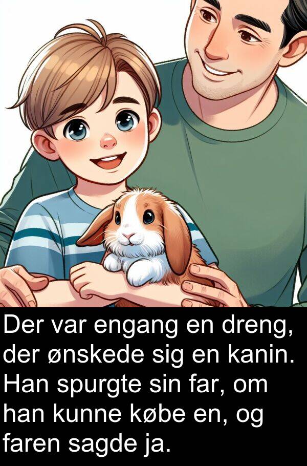 købe: Der var engang en dreng, der ønskede sig en kanin. Han spurgte sin far, om han kunne købe en, og faren sagde ja.